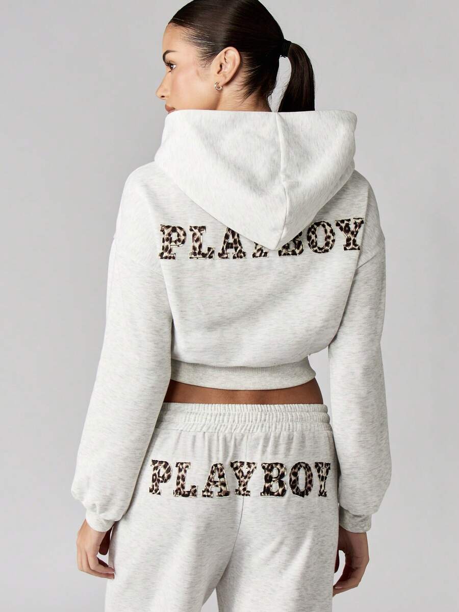 Missguided x Playboy Áo hoodie có khóa kéo, họa tiết da báo, đồ mặc nhà, mùa đông, mùa thu, thời trang dạo phố thường ngày - Màu Xám nhạt - Xem 1