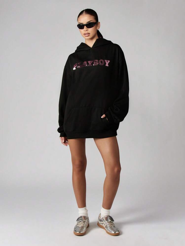 Missguided x Playboy Abito felpa con cappuccio con logo a coniglio, stampa metallica rosa, oversize, con cappuccio, mini lunghezza, maniche lunghe, abbigliamento casual da passeggio invernale e autunnale