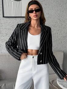 SHEIN Women's Cropped Blazer With White Pinstripes And Button Closure, Stylish And Modern Outerwear, High Quality Fabric - Black - View 1