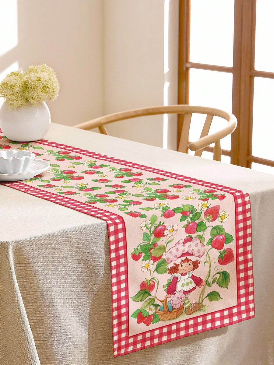 Strawberry Shortcake X SHEIN 1 Pc Thickened Anti-Slip Cartoon Strawberry Printed Table Runner, Holiday Table Runner, Fits Various Table Lengths 90/160/183/200 Cm,Gift Ideas - Red - View 1