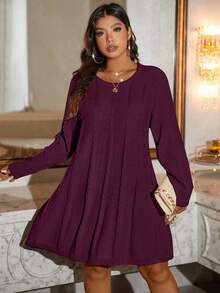 SHEIN LUNE 大码宽松纯色长袖圆领毛衣裙 - 紅色 - 查看 5