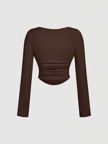 SHEIN MOD 3 Pack Plus Size Women's Square Neck Bodycon Long Sleeve Crop Tops,3pcs Pleated Smart Casual Everyday T-Shirt Set,Autumn Fall Winter ,Black - Multicolor - View 10
