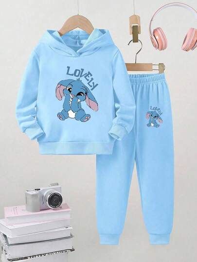 1 set unga flickor casual söt tecknad kanintryck huvtröja och träningsbyxor outfit, rolig grafisk träningsoverall för höst/vinter