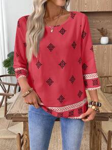 EMERY ROSE 女士休闲全印花圆领衬衫，适合秋季度假 - 粉色 - 查看 6