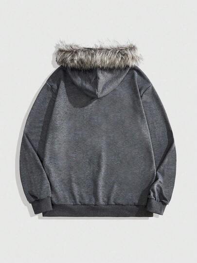 Goth Sudadera con capucha casual de hombre con cremallera, estampado de cruz, parches y ribete de forro polar, otoño