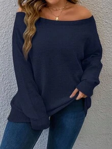Calvaya Plus Solid Off Shoulder Sweater Off Shoulder Sweateroff The Shoulder Sweateroff Shoulder Jumperoff The Shoulder Jumper - Blue - View 1