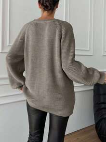 EURMUSE Women's Autumn/Winter Minimalist Casual Solid Color Ribbed Knit Raglan Sleeve Sweater - Maroon - View 3