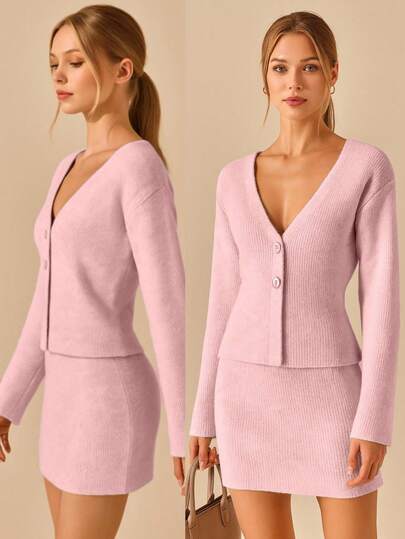 CLARA VERO WOMEN CLASSIC KNIT 2-BUTTON BLAZER & SKIRT CO-ORD