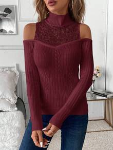 SHEIN Clasi Damen Winter Sexy Ärmel Design mit elegantem Spitzen Patchwork Pullover Pullover für Partys, Arbeit und Ausgehen, Cut-Out - Bordeaux - Übersicht 7