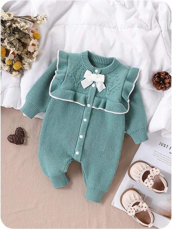 SHEIN Baby Mädchen Lässig Pendler Schul-Stil Kontrastbindung Rüschensaum Pullover Jumpsuit, Herbst/Winter