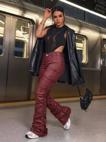 SHEIN ICON Women's Fashionable Casual Pleated Flare Pants, Autumn