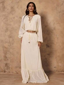 Chiquease 女士优雅休闲宽松系腰灯笼袖提花长裙两件套 - 白色 - 查看 4