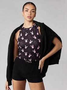 Missguided x Playboy 复古风格兔子印花无袖高领紧身衣经典修身夏季家居服休闲全身图案节日趣味 - 彩色 - 查看 4