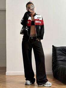 StreetHx Petite 字母印花撞色落肩飞行员夹克，适合新年服装