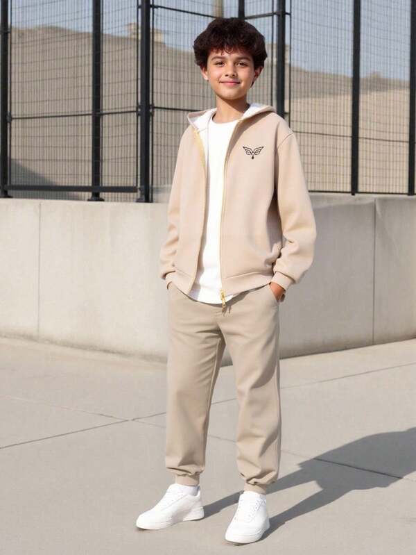 SHEIN Conjunto de 2 peças de jaqueta e calça forradas de lã para meninos adolescentes, ideal para deslocamento diário, escola, uso casual diário, viagens, esportes, todas as estações