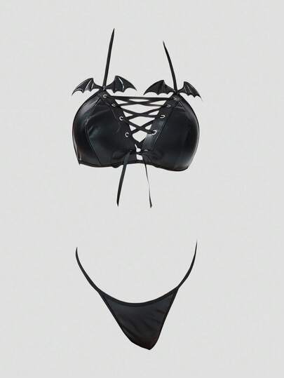 Goth Ensemble de lingerie gothique composé d'un soutien-gorge triangle 3D en forme de chauve-souris et d'un string, sexy, pour Halloween