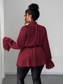 Maweii Plus Size Women's Solid Red Satin Mandarin Collar Tie-Waist Long Sleeve Ruffle Cuff A-Line Blouse, Elegant Lady For New Year, Versatile, Chic Urban Casual, Party, Banquet, Date, Cross-Year Party, New Year Party - Burgundy - View 2