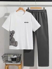 SHEIN 2pcs Teenager Boys' White Teddy Bear & Letter Print Crew Neck Short Sleeve T-Shirt And Sweatpants Set,Summer Streetwear Graduation Back-To-School - Multicolor - View 2