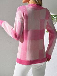 EMERY ROSE Suéter casual de cuello redondo de manga larga a cuadros para mujer, otoño/invierno - Rosa - Ver 2