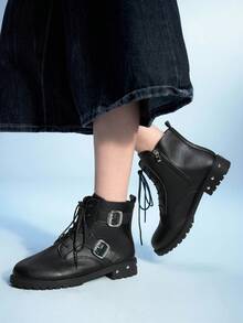 Sugerpunk Botas de plataforma gruesa con tacón grueso de PU negro, nuevas para primavera/otoño 2025. Botas de tobillo con cremallera lateral, remaches metálicos y estilo gótico británico oscuro para mujer - Negro - Ver 5
