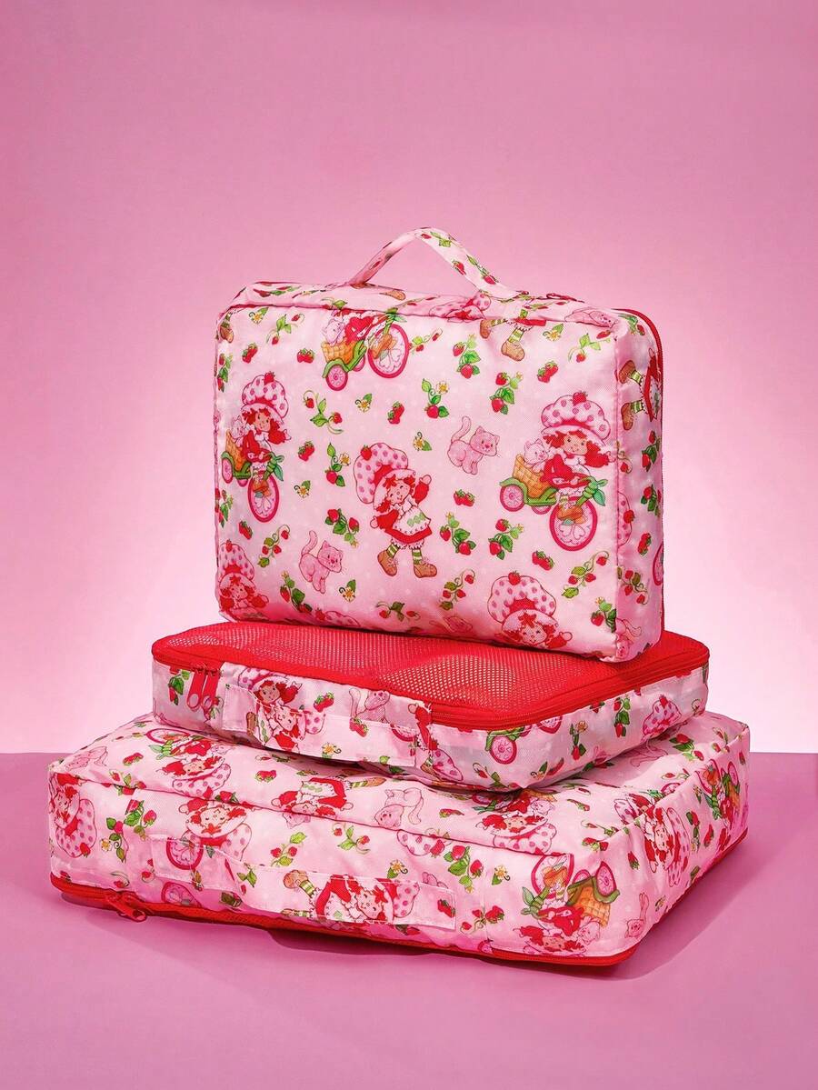 Strawberry Shortcake X SHEIN 3 Pcs Cute Strawberry Cartoon Polyester Fiber Travel Storage Bags, Mesh Surface, Categorized Storage, Suitable For Various Luggage Sizes,Gift Ideas - Pink - View 1