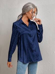 SHEIN Clasi 女士时尚休闲纽扣长袖有领梭织衬衫 - 藍色 - 查看 4