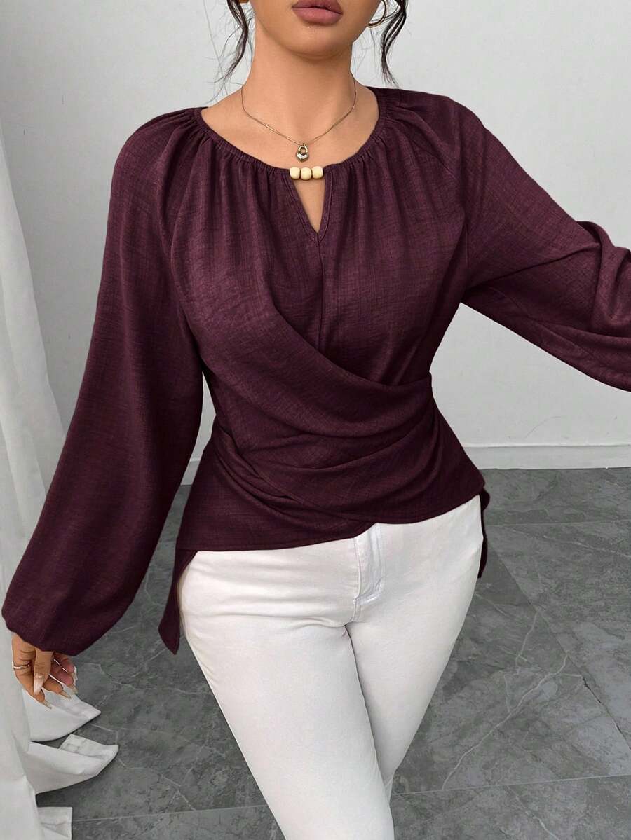 Elenzga 女式串珠裹身式束腰衬衫，秋冬 - 酒紅色 - 查看 1