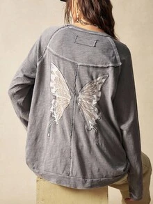 Bohemela BOHO Casual Solid Color Knit Crew Neck Butterfly Hollow Back Design Loose Long Sleeve T-Shirt For Women - Grey - View 3