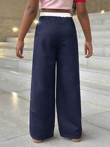 SHEIN Spodnie dresowe dla dziewcząt z nadrukiem "Wracamy do szkoły" w kontrastowym kolorze, z elastyczną talią i sznurkiem ściągającym, z nadrukiem numerycznym, luźne, proste nogawki, uniwersalne i modne - Granatowy - Zobacz 2