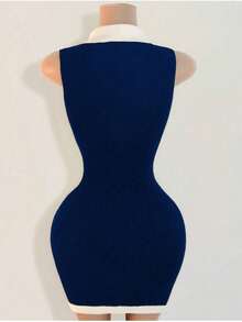 Mistrie 黑白收腰女式毛衣裙，撞色领口迷你针织毛衣裙，休闲性感春夏女装，满足基本旅行需求 - 寶藍色 - 查看 2