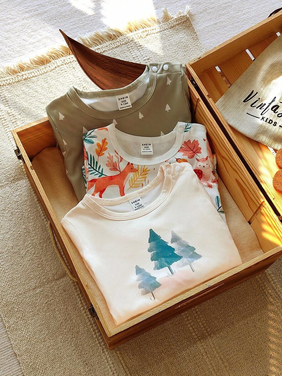 Vintaside Kids 3pcs/Set Baby Boy Cartoon & Minimalist Floral Print Comfortable & Stylish Long Sleeve Tops, Versatile For Casual Everyday Wear, Autumn - Multicolor - View 1