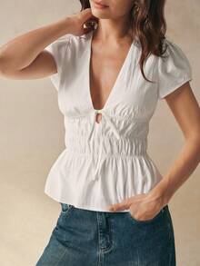 Cévolie Women's Solid Color Deep V Neck Ruched Front Tie Puff Sleeve Sexy Blouse - White - View 4