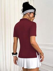Easithlete 女式纯色半拉链开衩运动短袖 Polo 衫 - 酒紅色 - 查看 2