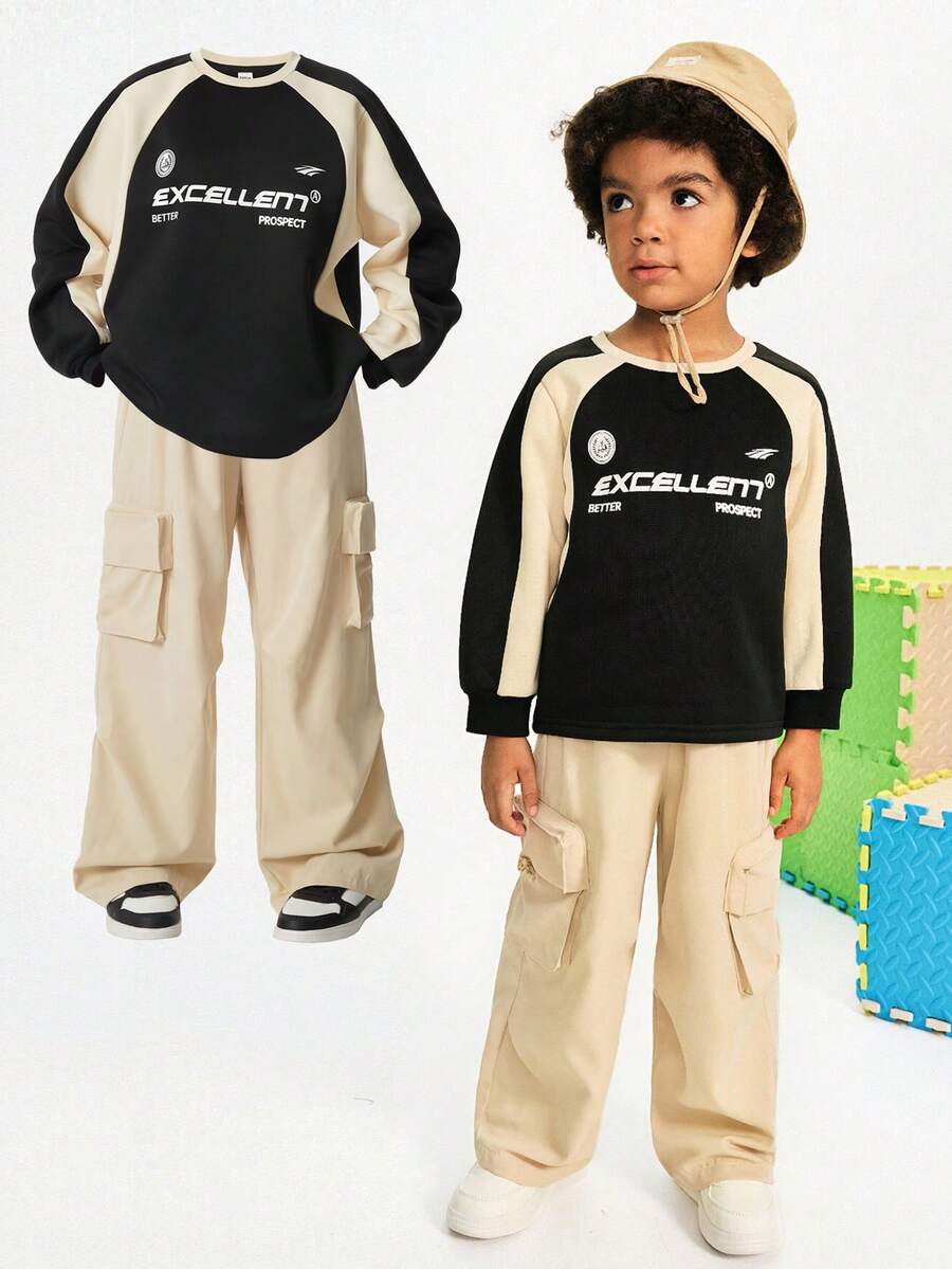 Maija Kids Maija Kids 男童休闲宽松撞色运动衫和裤子两件套，复古/图案印花套头连帽衫和工装裤，百搭返校运动服 - 杏色 - 查看 1