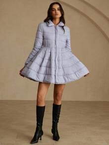 GENKIRA Áo khoác nữ dáng ngắn có đệm, eo loe, kiểu Pháp lãng mạn, thời trang quần áo mùa đông - Xám - Xem 3