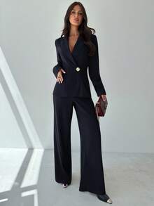 Firerie Bộ vest hai mảnh thời trang tối giản, thoải mái, có ve áo kim loại, tay dài và quần cạp cao, màu tím cà tím, thu/đông - Màu xanh hải quân - Xem 7