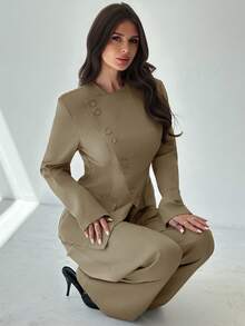 Firerie 女士优雅通勤日常百搭街头时尚新款不对称翻领纽扣腰长袖西装外套和高腰裤卡其灰色两件套西装套装，秋冬 - 卡其色 - 查看 3