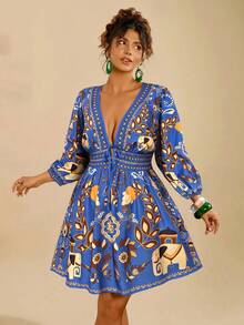 Travachic Plus Size Vintage Style Printed Deep V-Neck Long Sleeve Dress - Blue - View 4