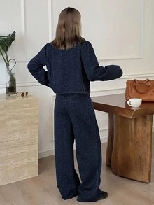 DAZY 女式西部牛仔破洞水洗宽松翻领长袖牛仔外套和直筒裤休闲街头秋冬牛仔套装 - 藍色 - 查看 2