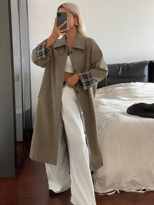 DAZY 女士休闲宽松格子拼接长袖翻领袖口街头风外套，秋冬女式外套 - 卡其色 - 查看 5