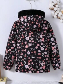 SHEIN Tween Girl Fluffy Collar Hooded Printed Thermal Lined Jacket - Navy Blue - View 2