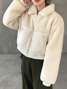 FRIFUL 女式白色羊羔绒领钻石绗缝宽松休闲下摆罗纹棉服外套，带大口袋，秋季夹克 - 白色 - 查看 5