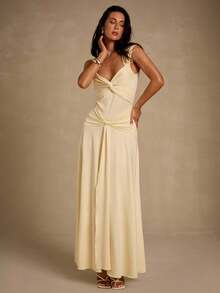 Glamine 女士优雅性感扭纹 V 领收腰长裙（浅黄色），适合派对、日常穿着、花园聚会