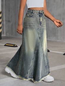 SHEIN Tween Girls Y2k Retro Fashion Vintage Blue Denim Midi-Length Mermaid Skirt Fall Winter,For Girls Dailywear Costume,Girls Streetwear Outfits,Halloween Outfits,Christmas Costume,Winter Clothes,Teen Dress