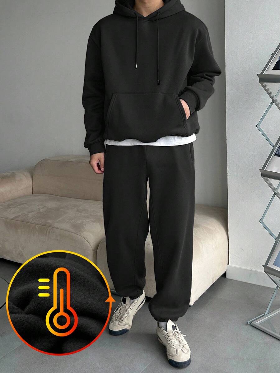 DAZY 男士纯黑色保暖连帽衫套装，秋冬季保暖款 - 黑色 - 查看 1