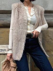 DAZY Women's Autumn Elegant Front Open Faux Fur Vest Jacket