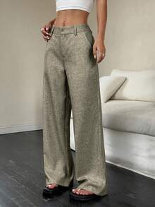 Flirla 女式简约优雅通勤高腰阔腿裤，百搭修身长裤 - 灰色 - 查看 6