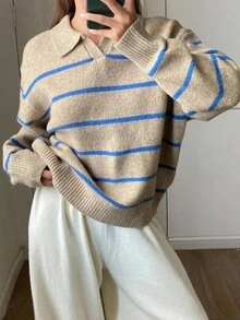 DAZY Women's Casual Striped Turtleneck Sweater, New Autumn/Winter Design - Khaki - View 1