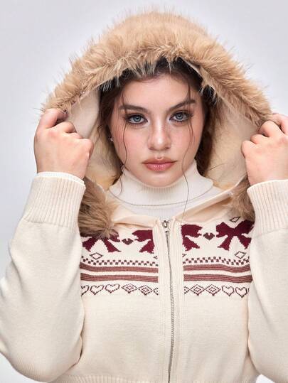 Kawaii Cárdigan corto con cuello de piel sintética y estampado Fair Isle, para invierno, talla grande