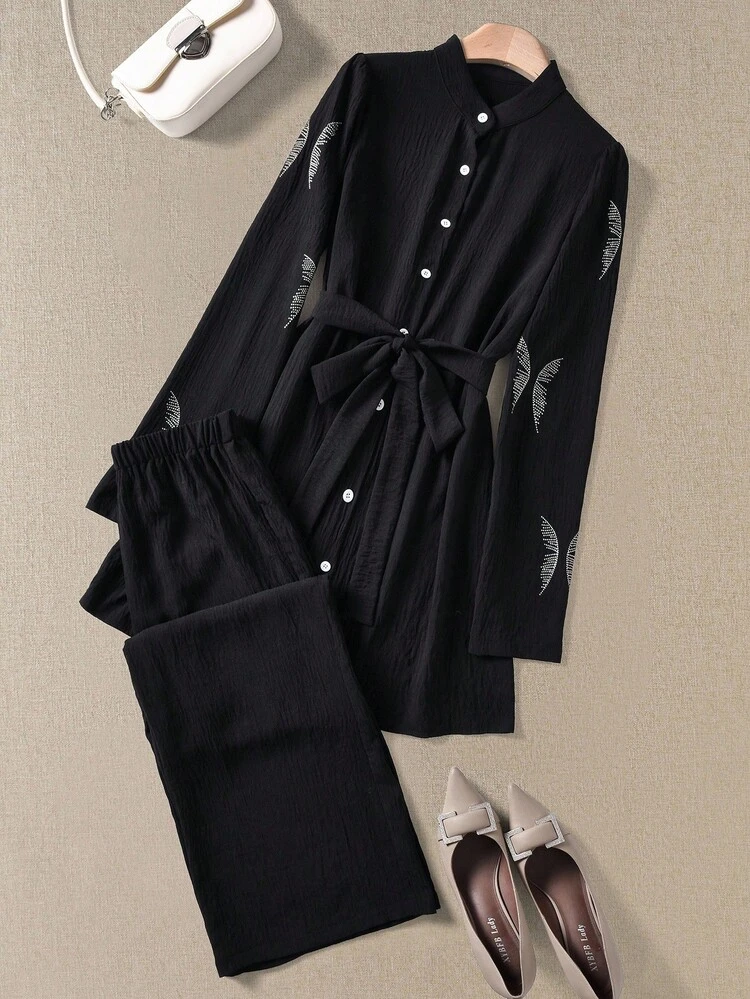 2pcs Women Daily Casual Belted Top & Pants Set Country Outfits For Women  Women's Set Fall Clothes For Women  New Year Outfit Autumn Winter Women  Clothes For New Year  Winter Clothes For Women
